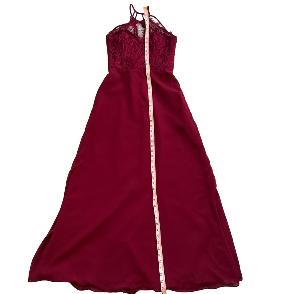 Hayley Paige Burgundy Halter Keyhole Lace Dress - Picture 8 of 12